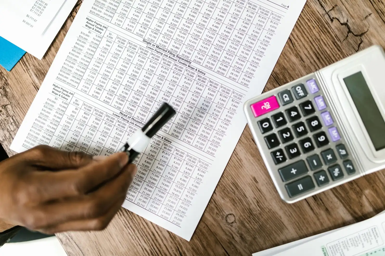 Calculator on a printed pay spreadsheet