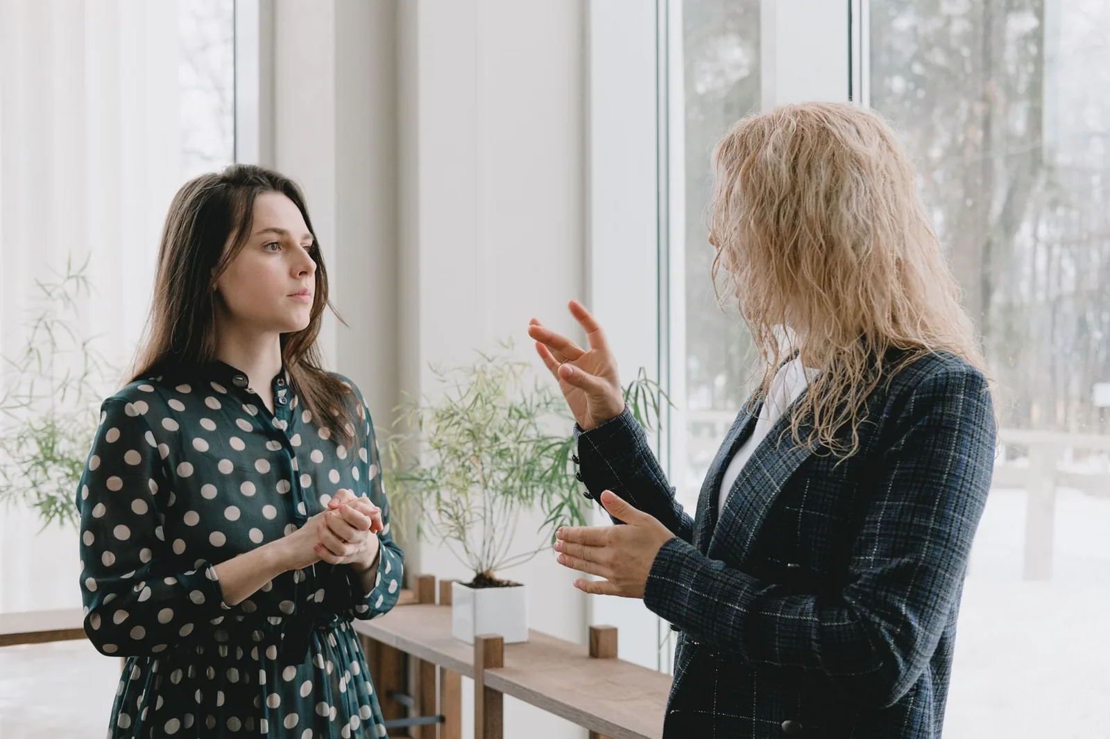 Two technology executives talking Two executives in conversation by an office window